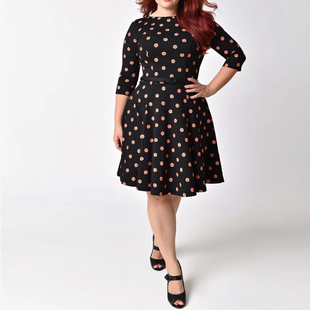 PUMPKIN UNIQUE VINTAGE STEPHANIE FLARE DRESS IN BLACK & ORANGE Size 1X / 16